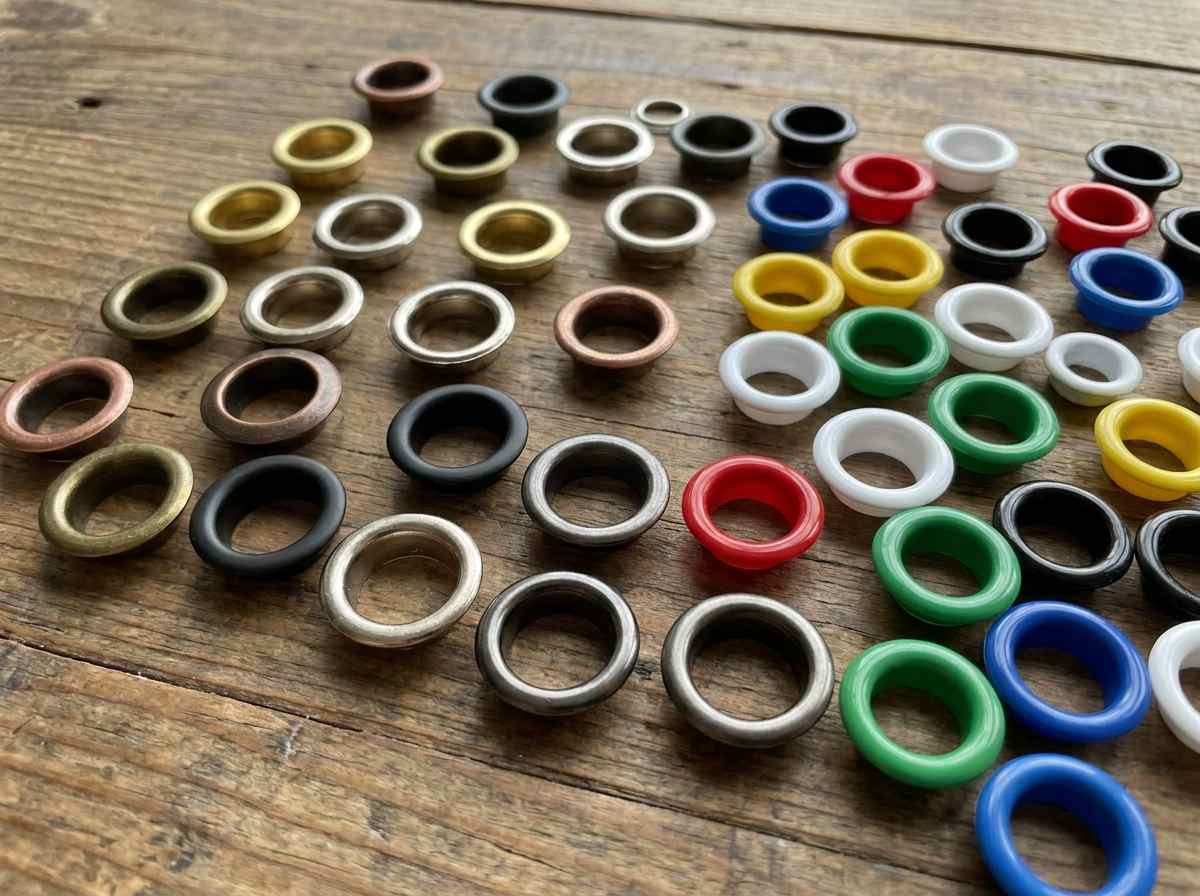 eyelet, Metal and plastic eyelets in multiple sizes and colors are arranged on a wooden surface.